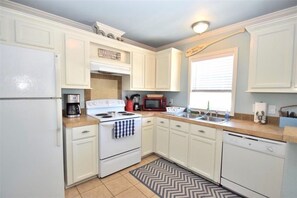 Fridge, stovetop, dishwasher, coffee/tea maker