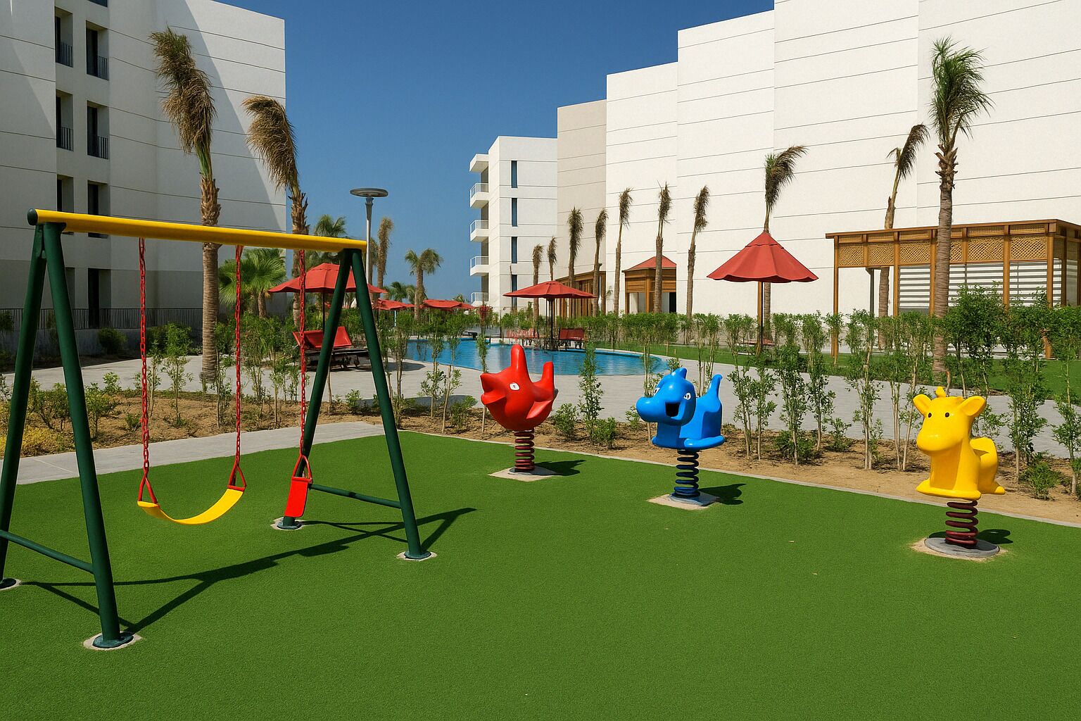 A playground with swings, a slide, and colorful animal-shaped play equipment.