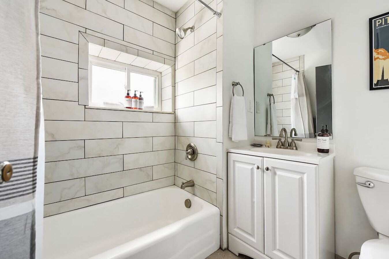 Eco-friendly toiletries, hair dryer, towels