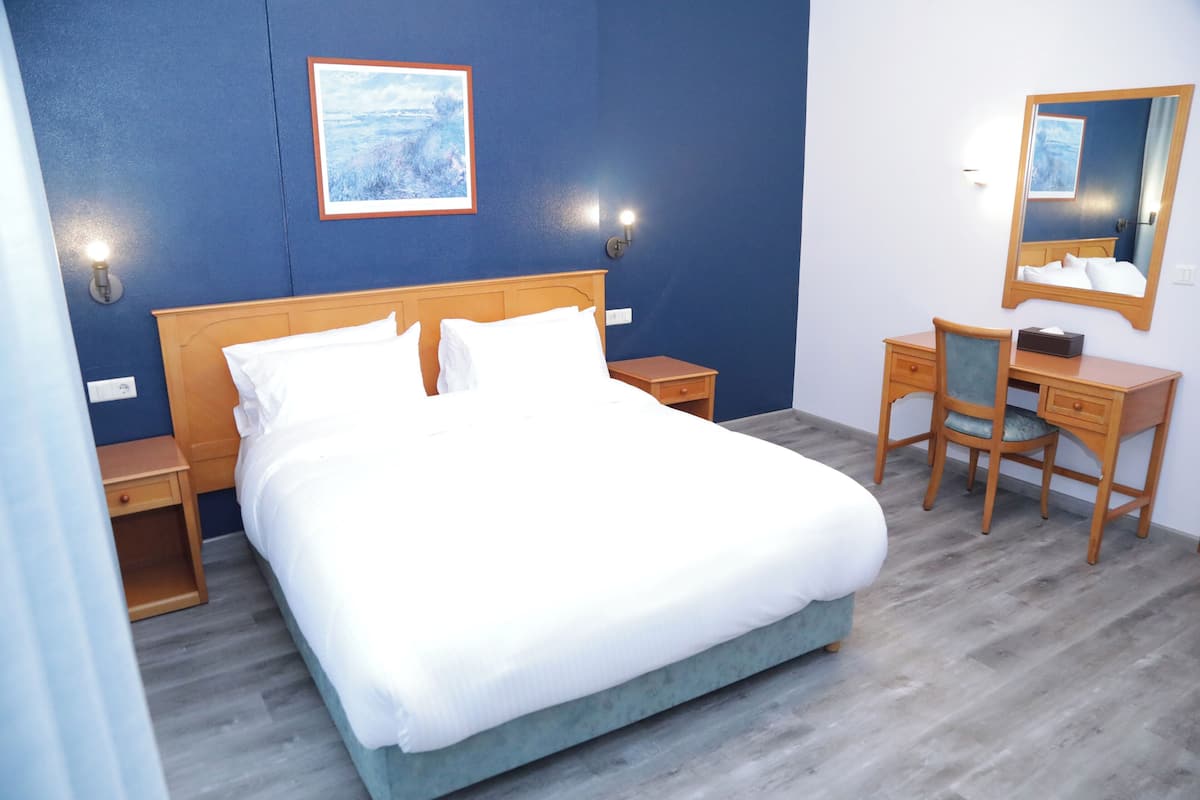 A hotel room with a large bed, a desk, a chair, and a mirror.