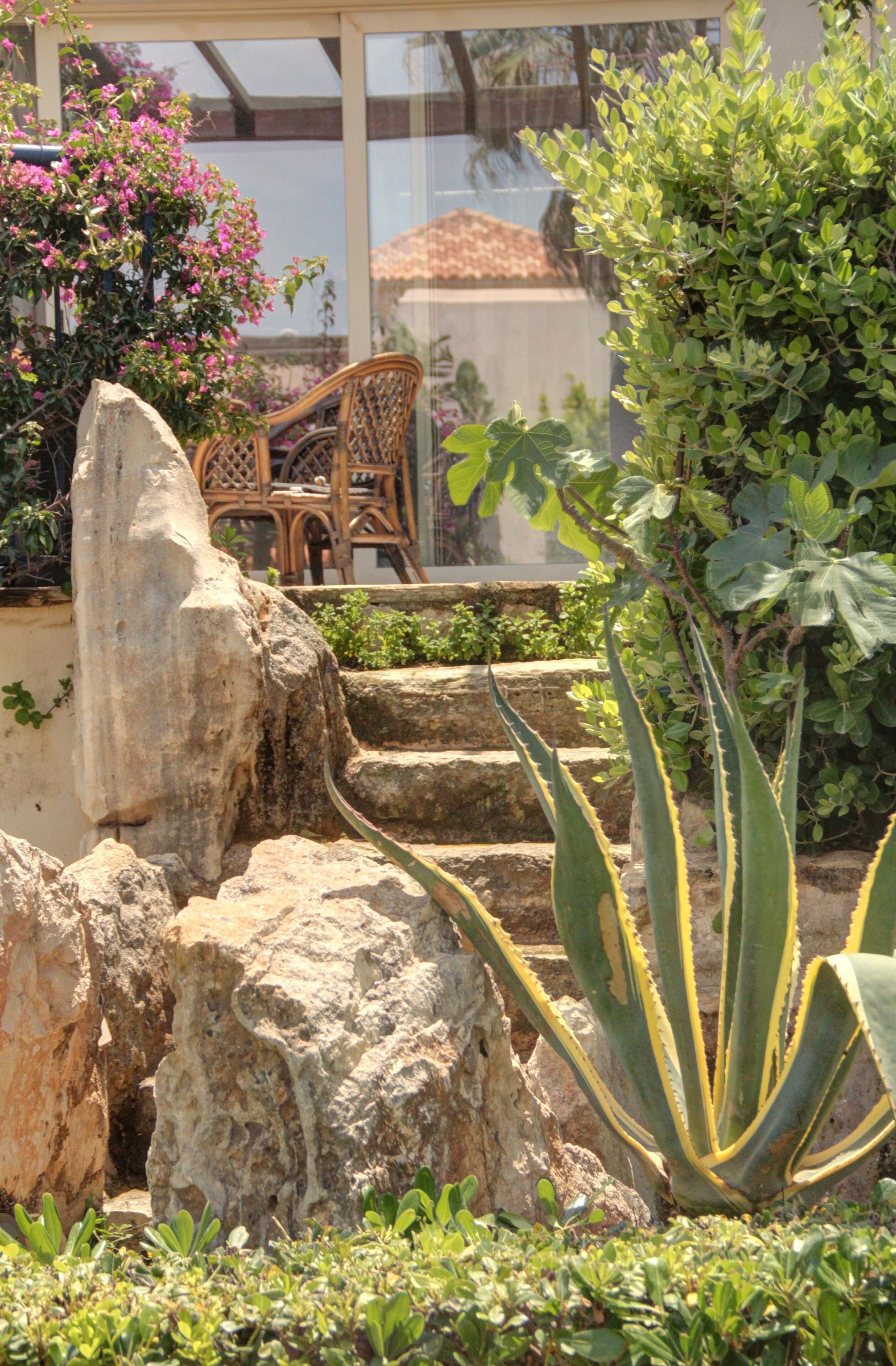 A garden with a stone staircase, a large rock, and a chair.