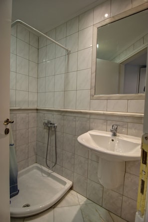 A bathroom with a shower, a sink, and a mirror.