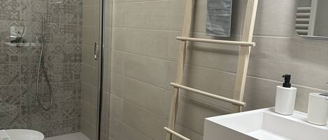 Shower, hair dryer, bidet, towels