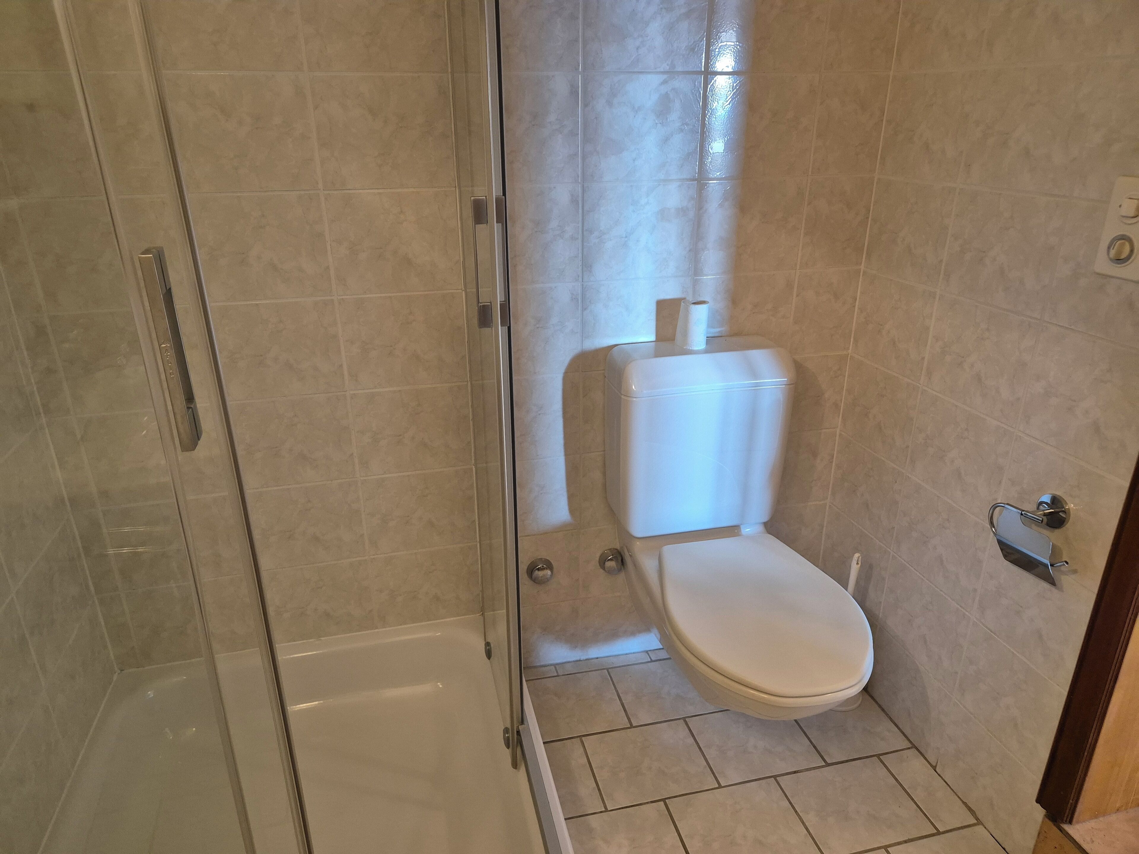 A bathroom with a glass shower enclosure, a toilet, and a sink with a towel rack.
