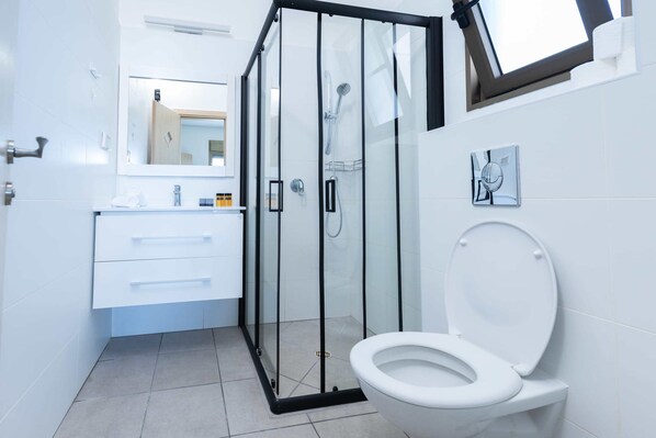 Une salle de bain moderne avec une douche à parois de verre, des toilettes blanches et un meuble-lavabo avec un miroir.