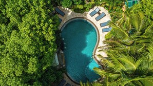 Une vue aérienne d’une piscine entourée d’une végétation luxuriante et de palmiers, avec des chaises longues et un bord de piscine en pierre.