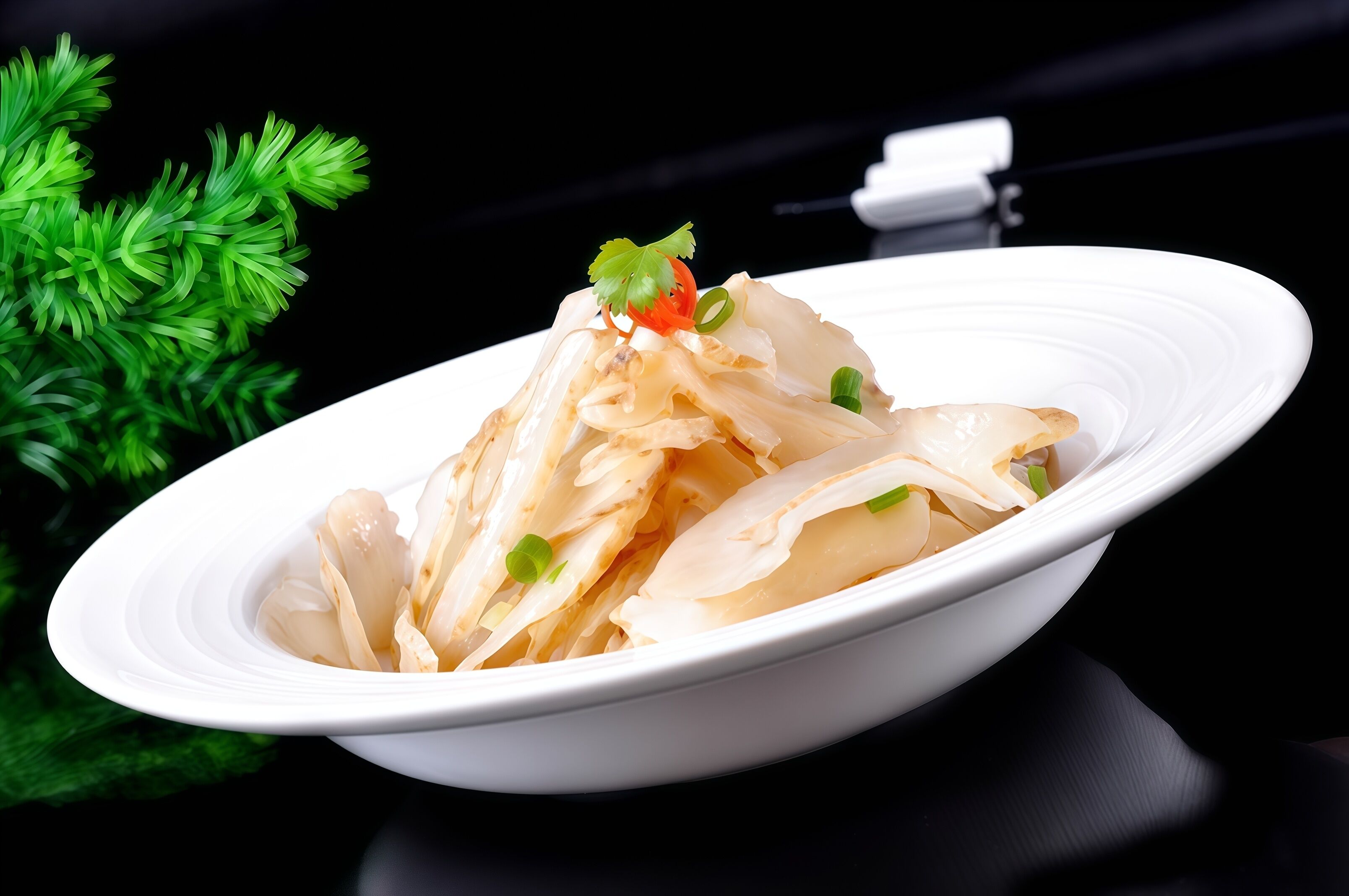 A white bowl containing a dish with translucent noodles, garnished with green onions and red chili slices.