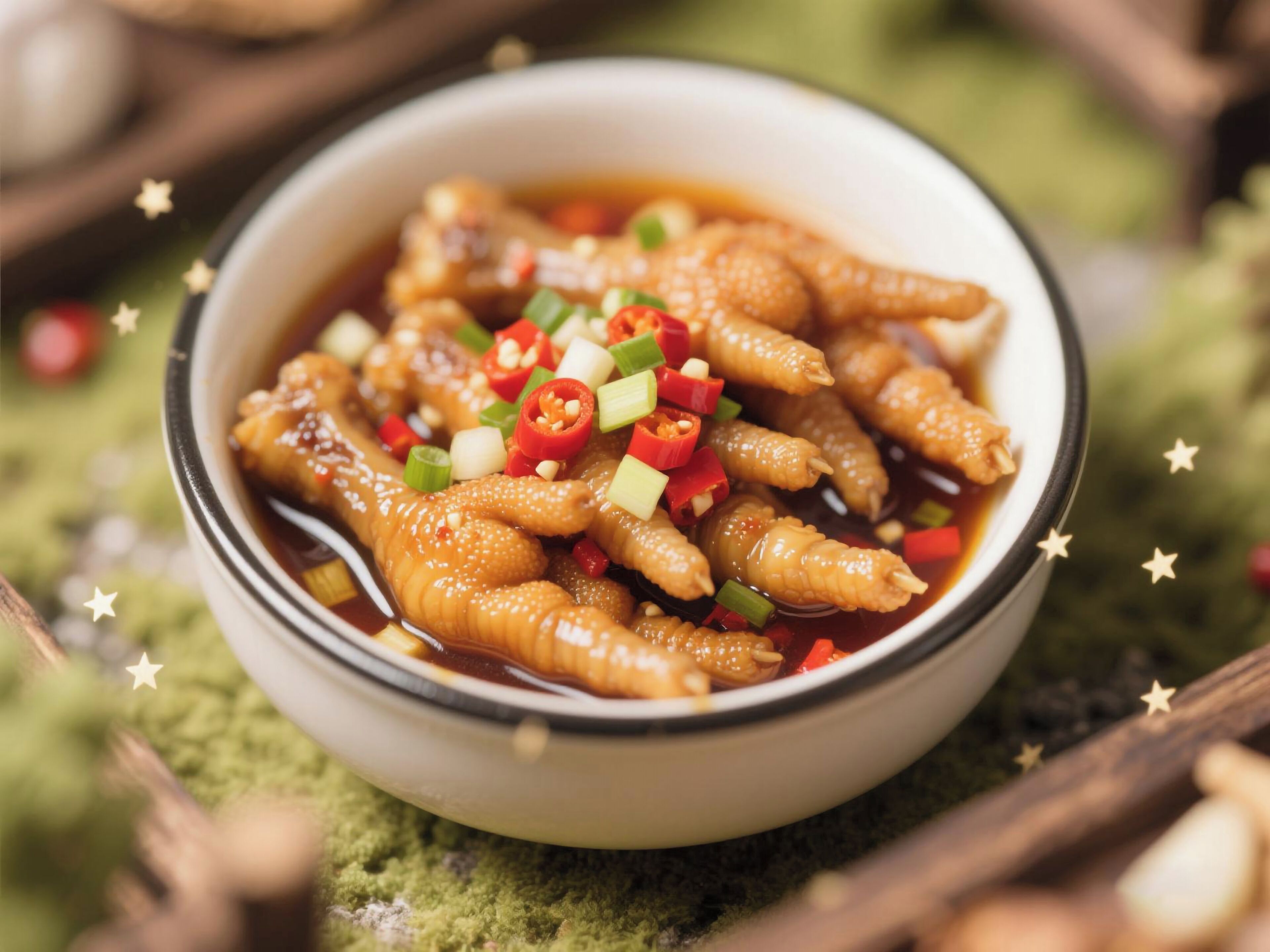 Eine Schüssel gebratene Chicken Wings, garniert mit gehackten grünen Zwiebeln und roten Chilischoten.