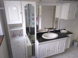 Shower, jetted tub, hair dryer, toilet paper