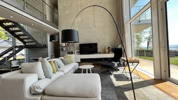 Télévision, cheminée, livres, chaßne hi-fi