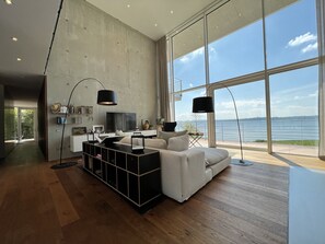 Fernseher, Kamin, Bücher, Stereoanlage