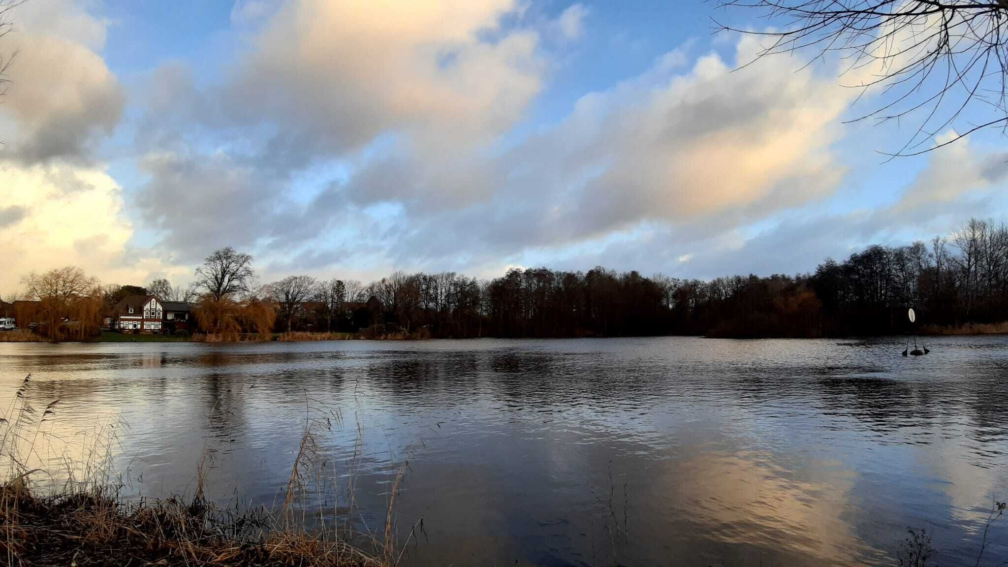 A calm lake with a house on the left and trees in the background.