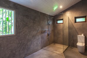 A modern bathroom with a glass shower enclosure, a toilet, and a window with a view of greenery.
