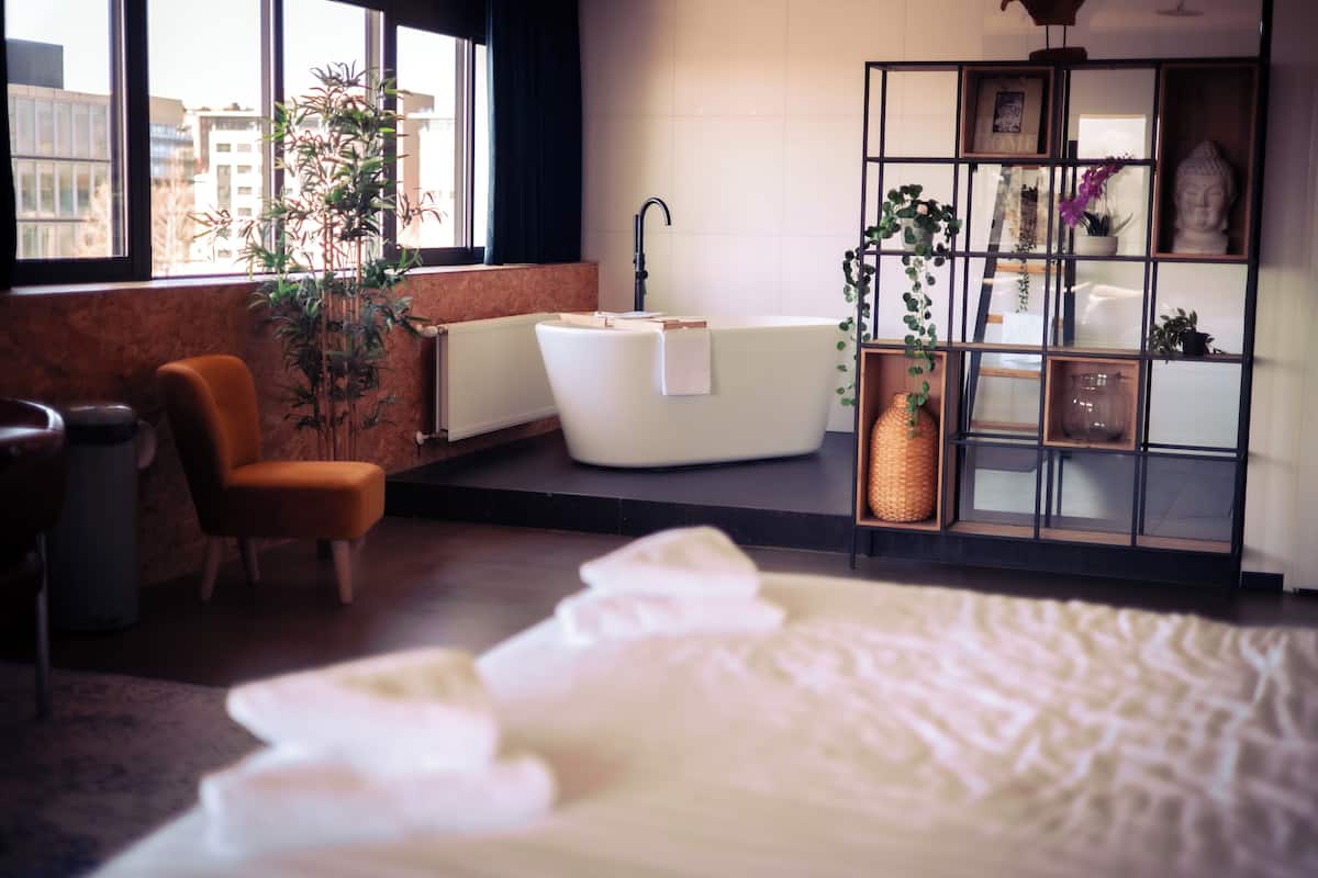 Une salle de bain moderne avec une baignoire sur pieds, une chaise en bois, une grande fenêtre et une plante.