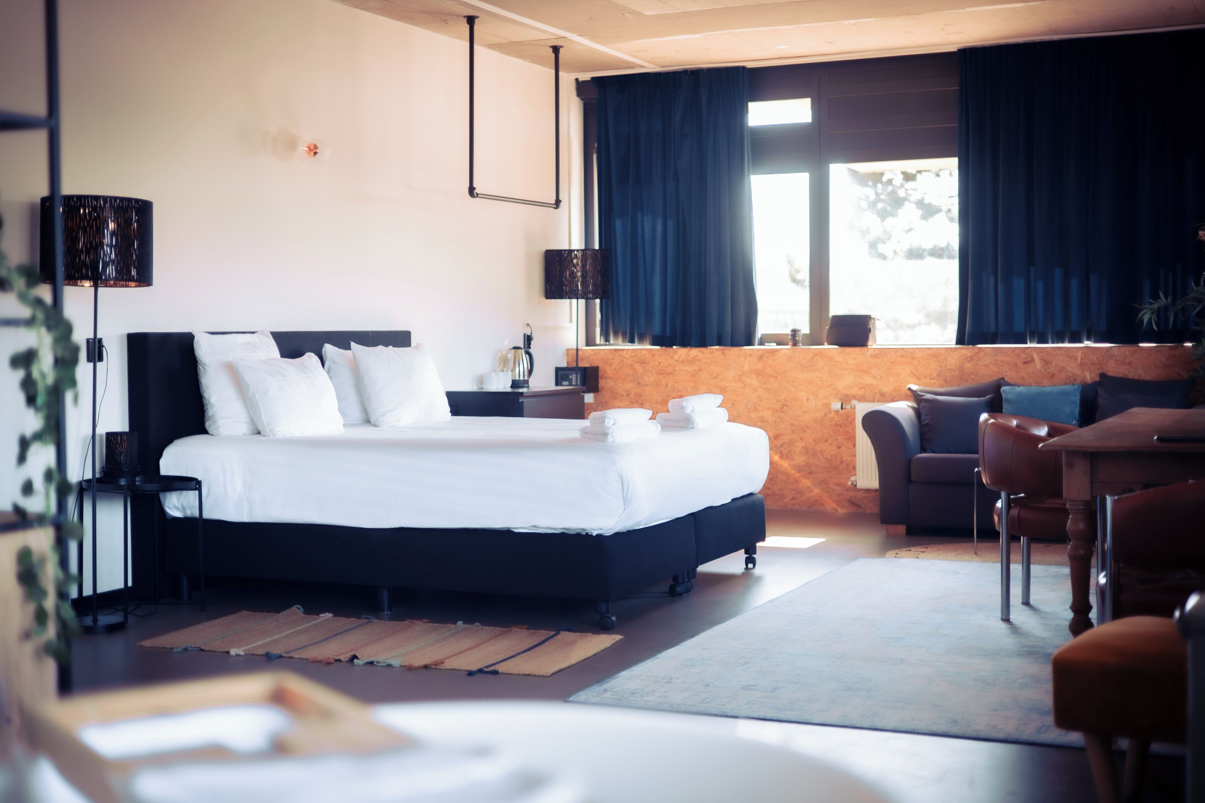 A modern hotel room with a large bed, a desk, and a sofa.