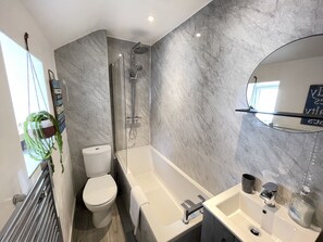 Combined shower/tub, hair dryer, towels