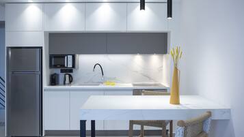 Full-size fridge, microwave, oven, coffee/tea maker