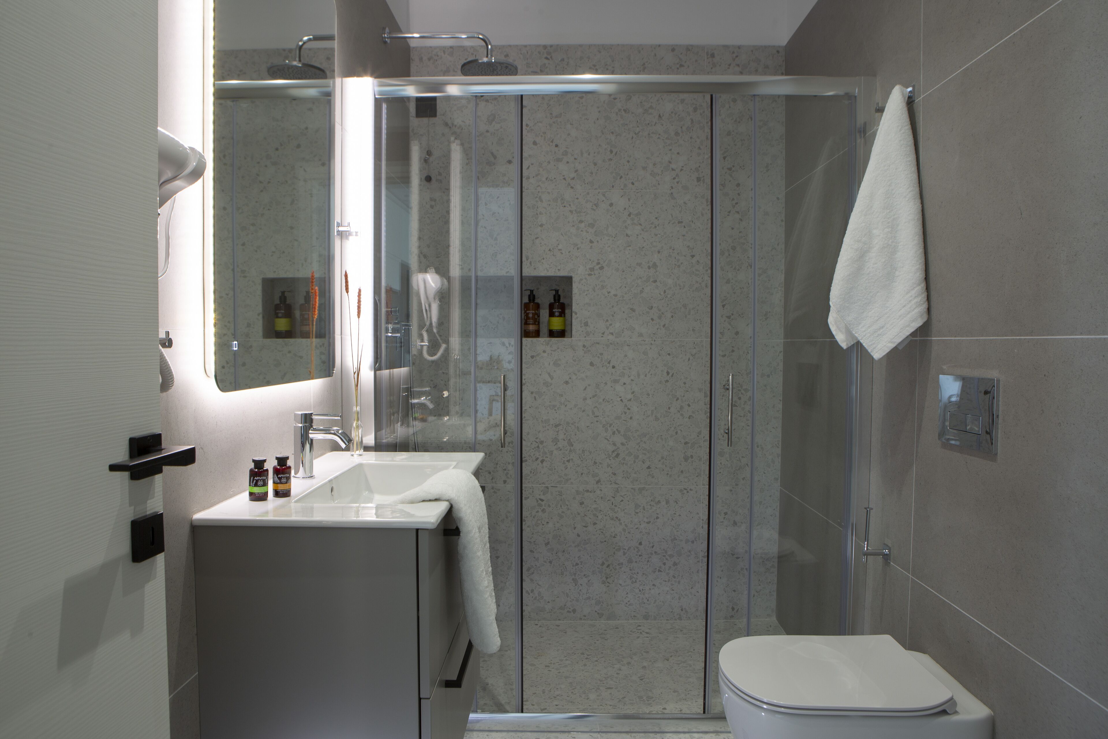 A modern bathroom with a glass-enclosed shower, a white sink, and a toilet.