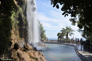A waterfall cascading into a pool with a stone pathway and palm trees.