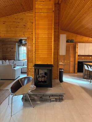 Smart TV, chimenea y libros 