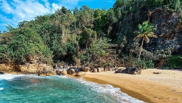 A beach with clear turquoise water, sandy shore, and rocky cliffs with vegetation. - 10-minute to the beach from this spacious house for 12 persons (Quebradillas)