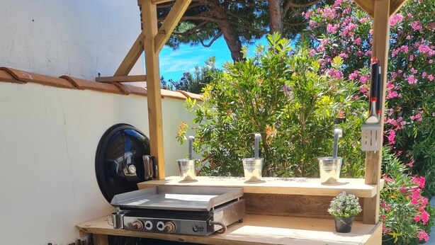 Een houten buitenkeuken met een geïntegreerde barbecue, een spoelbak en een kleine plant in een pot.