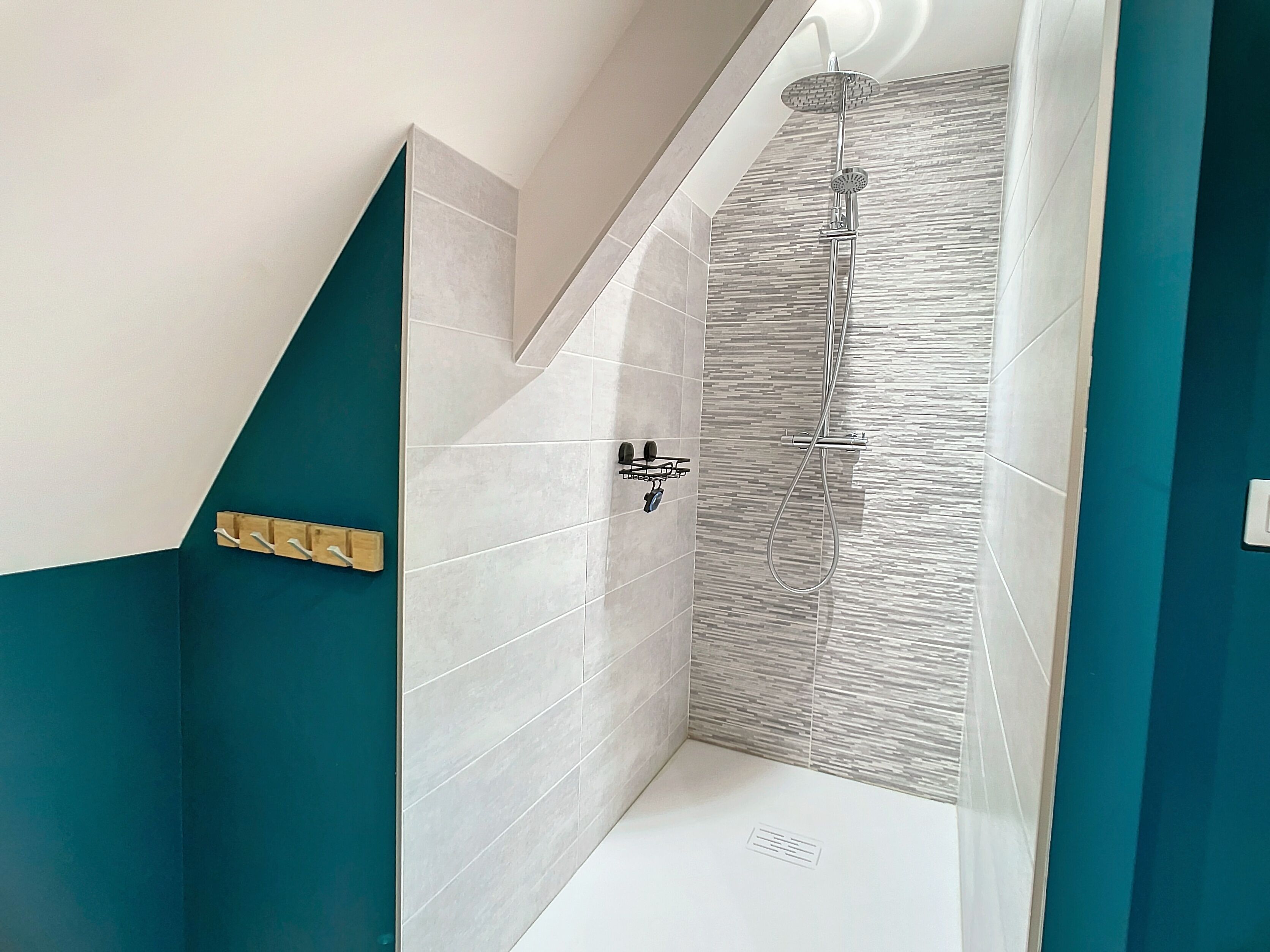 Une douche moderne dotée d’un pommeau de douche à pluie, d’un pommeau de douche à main et d’un appareil de massage à main.