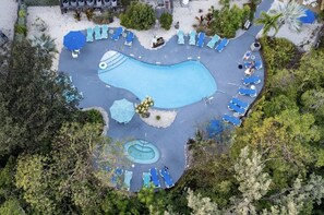 An aerial view of a swimming pool with lounge chairs and umbrellas, surrounded by trees and greenery. - Penthouse in Paradise! (Key West)