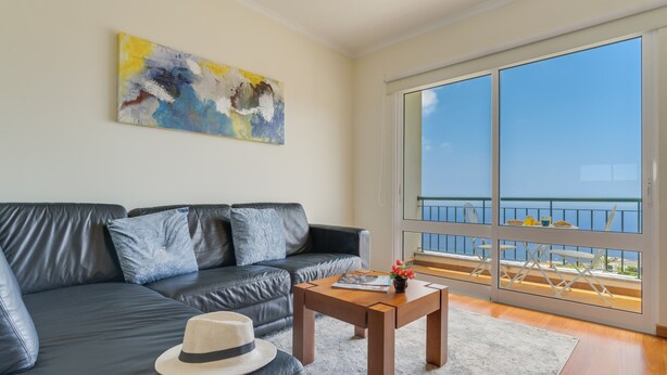 A modern living room with a black leather sofa, a wooden coffee table, and a large window with a balcony.