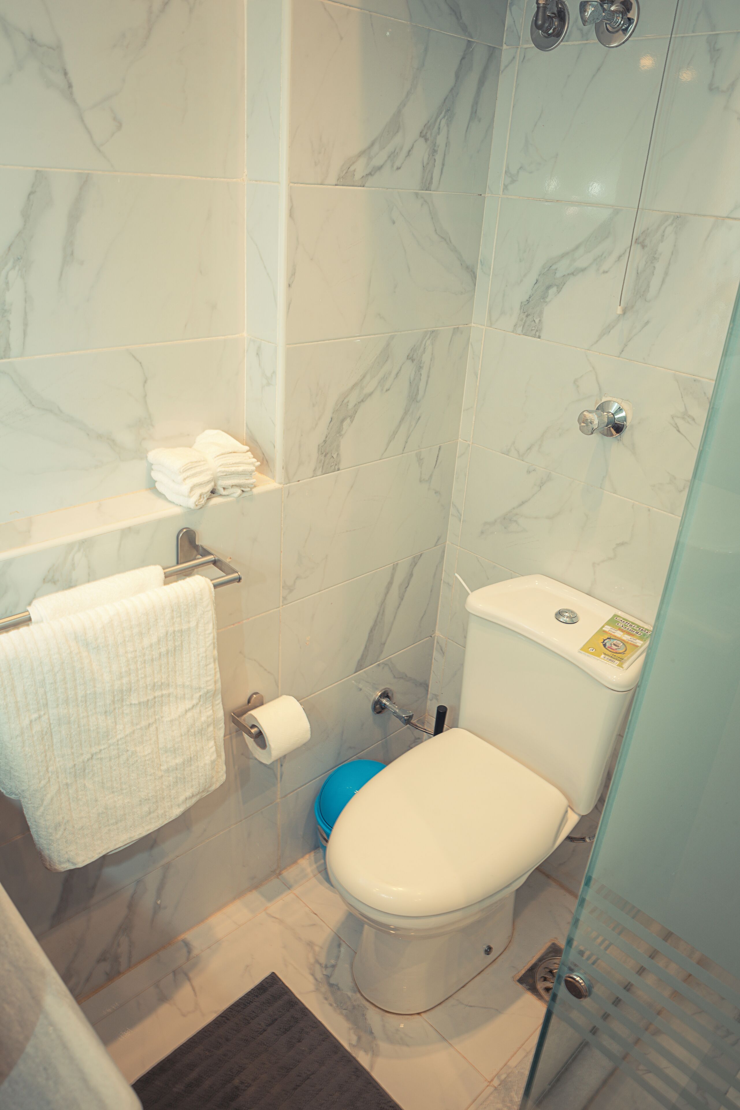Et badeværelse med toilet, håndklæder på en håndklædestang, brusekabine i glas og en marmorbelagt gulv.