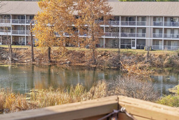 A multi-story building with balconies, a pond, and autumn foliage.