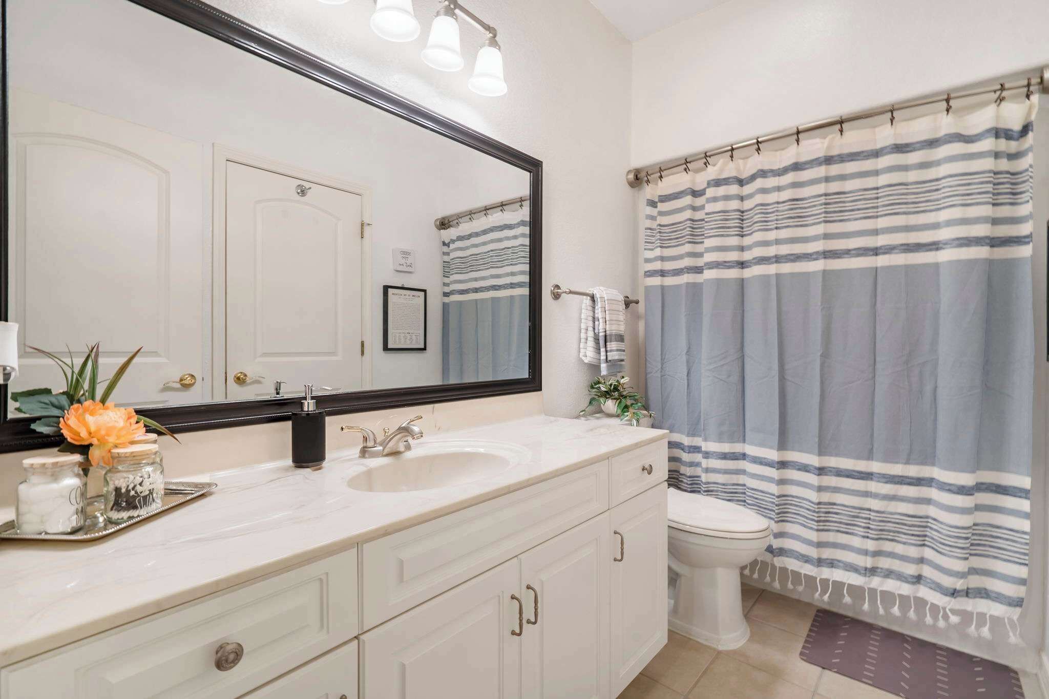A bathroom with a white vanity, a large mirror, a sink, and a toilet. There is a striped shower curtain and a small plant on the vanity.