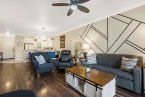Condo, Multiple Beds, Patio, Garden View (Kings Hideaway ) | Living area | 50-inch flat-screen TV with digital channels, fireplace