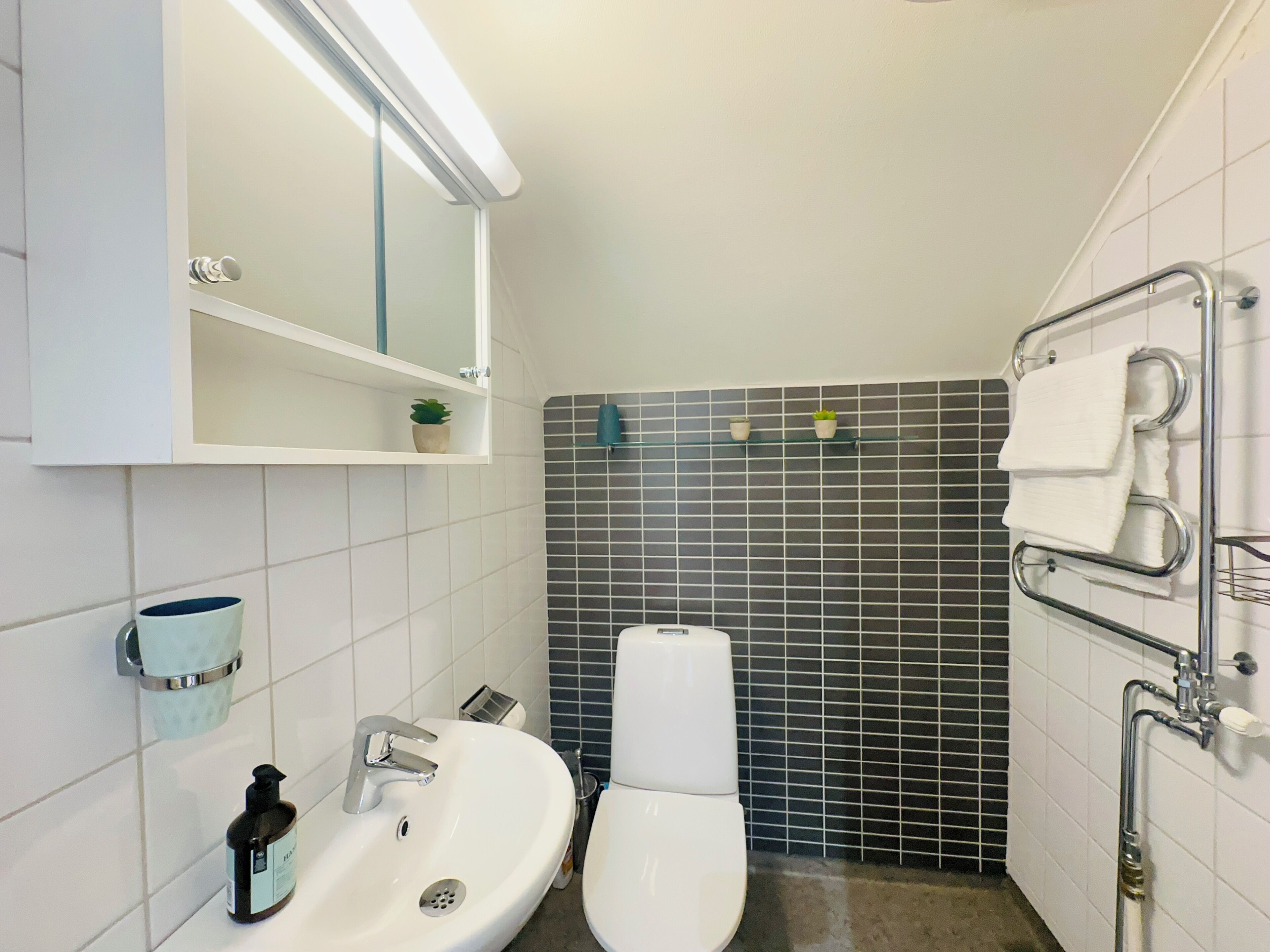 Un baño con un lavabo blanco, inodoro, espejo y toallero.