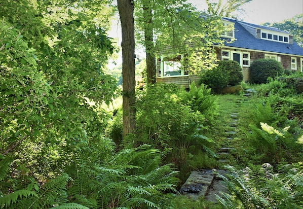 Una casa rodeada de vegetación exuberante y un sendero de piedra que lleva a la entrada.