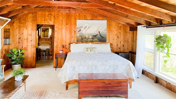 Una camera da letto in legno con un letto, un comodino, una cassettiera e una finestra con piante.
