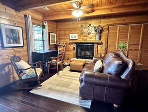 Smart TV, fireplace, DVD player, books