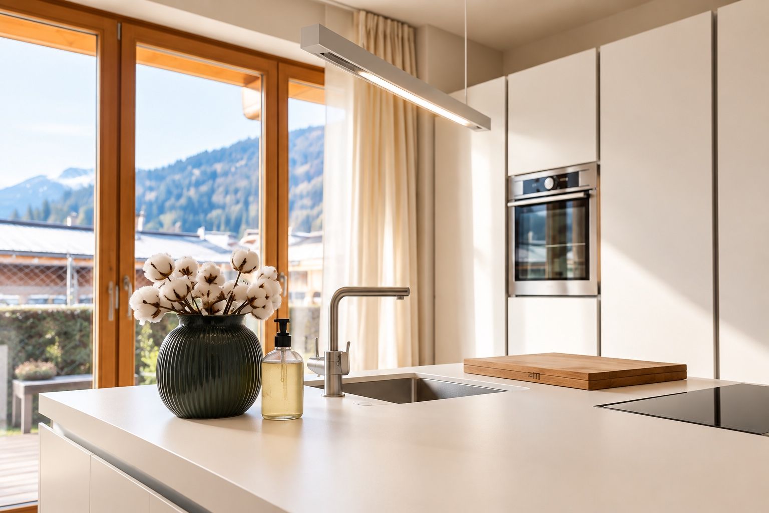 A modern kitchen with a large window, a built-in oven, and a wooden cutting board on the counter.