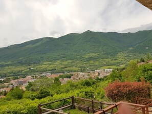 A mountainous landscape with a town in the valley below.