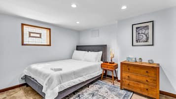 2 bedrooms, memory foam beds, desk, iron/ironing board