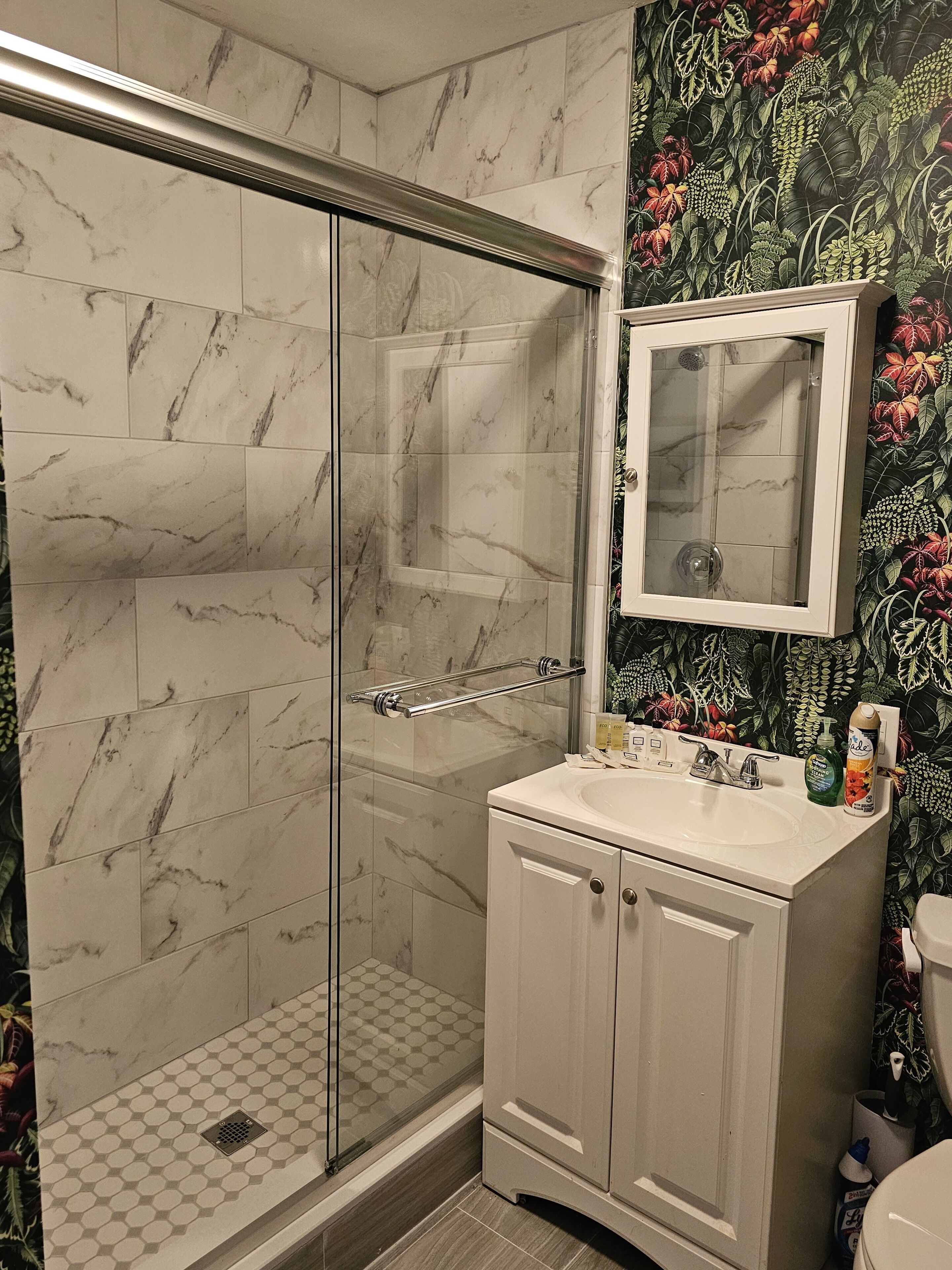 Een haardroger, handdoeken, zeep, shampoo