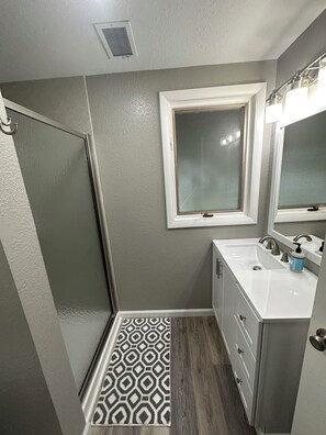 Regadera, secadora de cabello, toallas, jabón 