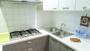 Keittiössä on kaasuliesi, pesuallas ja kaapistot.