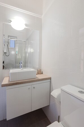 Shower, hair dryer, towels, soap