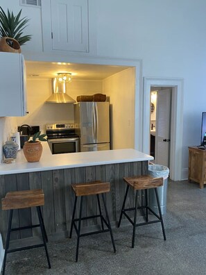 Fridge, microwave, stovetop, electric kettle