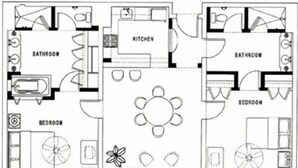 Plano de planta de un hotel con habitaciones separadas, una cocina, un salón y dos terrazas.