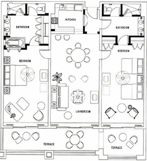 A floor plan of a hotel with separate bedrooms, a kitchen, a living room, and two terraces.