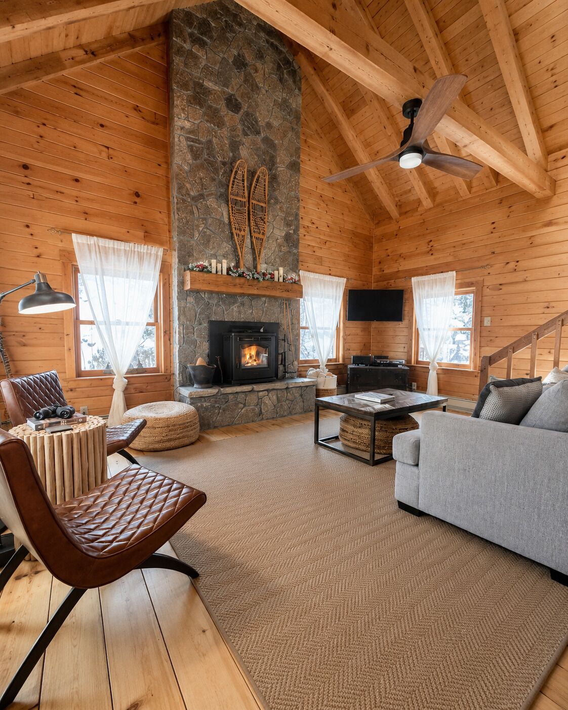 Smart TV, fireplace, video games, music library