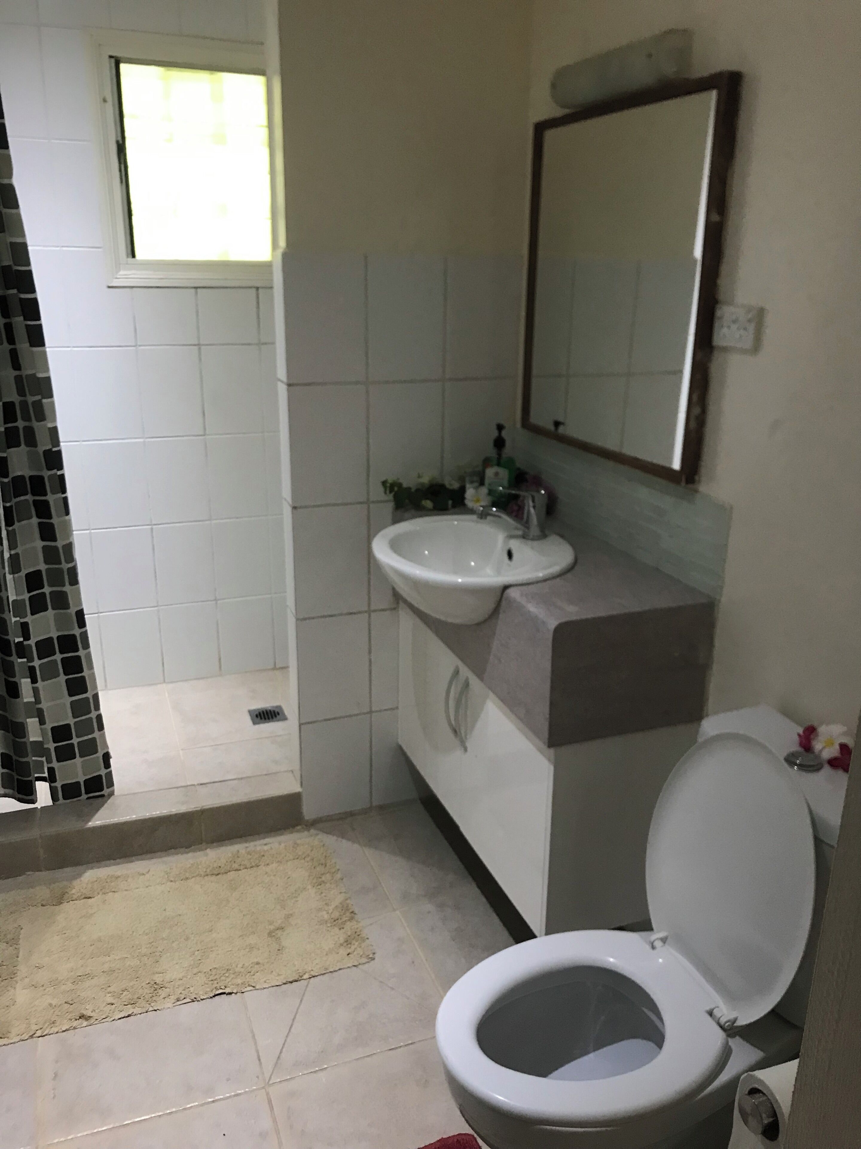 A bathroom with a toilet, sink, and shower area.