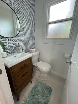 Douche, séchoir à cheveux, serviettes fournies, savon